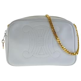 Céline-Celine Vintage Triomphe White Leather Shoulder Bag-White