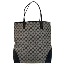 Gucci-Gucci Grey Black GG Canvas Leather Tote Bag-Brown,Black