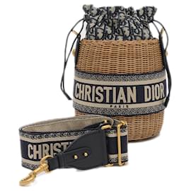 Christian Dior-Christian Dior Dior Oblique Wicker Shoulder Bag-Beige,Navy blue