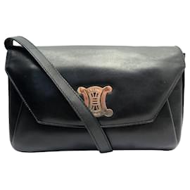 Céline-VINTAGE CELINE TRIOMPHE BOX LEATHER BLACK SHOULDER BAG-Black