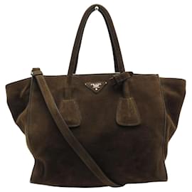 Prada-PRADA SUEDE HAND BAG BROWN LEATHER TOTE WITH SHOULDER STRAP-Brown
