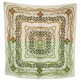 Chanel-VINTAGE FOULARD CHANEL MOTIF BIJOUX GRIPOIX CARRE 90 SOIE ECRU SILK SCARF-Écru