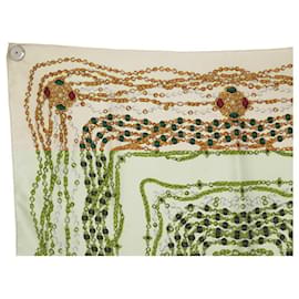 Chanel-VINTAGE FOULARD CHANEL MOTIF BIJOUX GRIPOIX CARRE 90 SOIE ECRU SILK SCARF-Écru