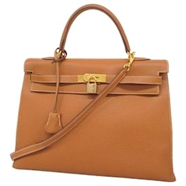 Hermès-Hermes Kelly 35 Handbag in Gold Togo Leather-Golden