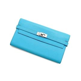 Hermès-Portefeuille Long Hermes Kelly en Chevre Mysore Bleu Aztec-Autre