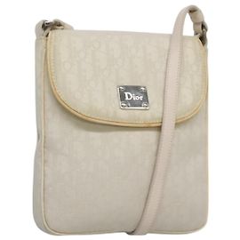 Christian Dior Trotter Canvas Shoulder Bag Nylon White Silver Auth BD1628 Silvery White