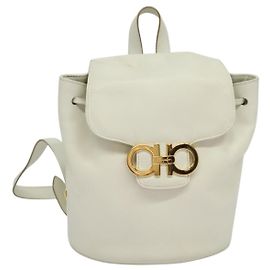 Salvatore Ferragamo Gancini Backpack Leather White Gold Auth KD549 White Golden