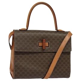 Céline-CELINE Macadam Canvas Hand Bag PVC Leather 2way Brown Gold Auth BD1624-Brown,Golden