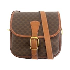 Céline-Celine Macadam Brown Gold Hardware Leather Shoulder Bag Pochette-Brown