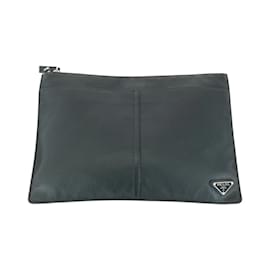 Prada-Prada Vitello City Triangle Logo Plate Clutch Bag-Black