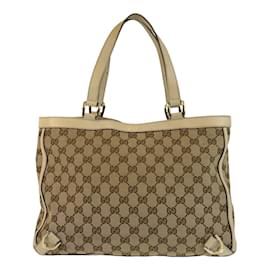 Gucci-Gucci Beige GG Canvas Leather Tote Bag-Beige