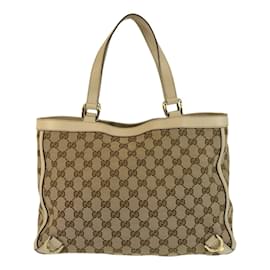 Gucci-Gucci Beige GG Canvas Leather Tote Bag-Beige