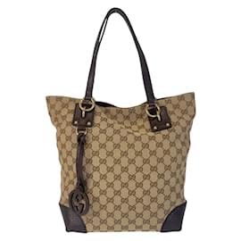 Gucci-Gucci Beige and Brown GG Canvas Leather Tote Bag-Brown,Beige