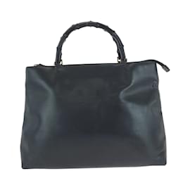 Gucci-Gucci Bamboo Black Gold Hardware Leather Tote Bag-Black