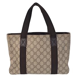 Gucci-Gucci Beige Brown GG Supreme Canvas Leather Tote Bag-Brown,Beige