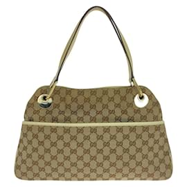 Gucci-Gucci Beige Ivory Gold Hardware GG Canvas Leather Tote Bag-Beige,Cream