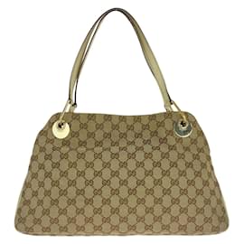 Gucci-Gucci Beige Ivory Gold Hardware GG Canvas Leather Tote Bag-Beige,Cream