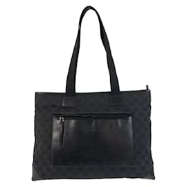 Gucci-Gucci Black GG Canvas Leather Tote Bag-Black