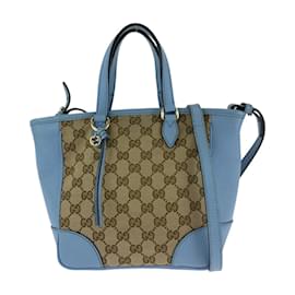 Gucci-Gucci Beige and Blue GG Canvas Leather Tote Bag-Blue,Beige