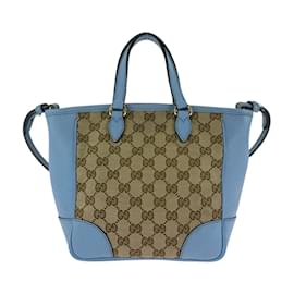 Gucci-Gucci Beige and Blue GG Canvas Leather Tote Bag-Blue,Beige