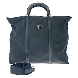 Prada-Prada Tessuto Triangle Logo Plate Tote Bag-Black
