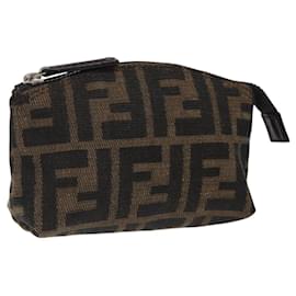 Fendi-FENDI Zucca Canvas Pouch Black Brown Silver Auth BD1632-Brown,Black,Silvery