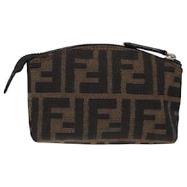 Fendi-FENDI Zucca Canvas Pouch Black Brown Silver Auth BD1632-Brown,Black,Silvery
