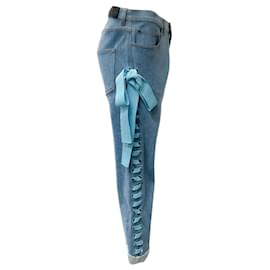 Fendi-Fendi Cropped Cuffed Jeans with Side Laced Ribbon Detail-Blue
