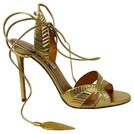 Aquazzura-Aquazzura Gold Metallic Leaf 105 Leather Ankle Wrap Sandals-Golden