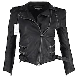 Balmain-Balmain Long Back Biker Jacket in Black Leather-Black