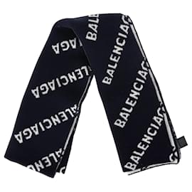 Balenciaga- Balenciaga Logo-Intarsia Scarf in Navy Blue Wool-Blue,Navy blue