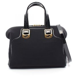 Fendi Patent Leather Fabric Chameleon 2way Handbag 8BL114 Black