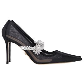 Mach & Mach Lotus Flower Heels in Black Mesh Black