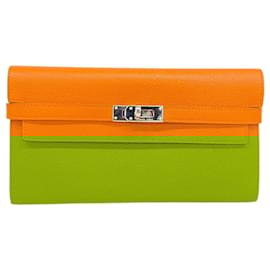 Hermès-Portefeuille Long Hermes Kelly Veau Epsom en Orange-Orange