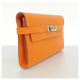 Hermès-Portefeuille Long Hermes Kelly Veau Epsom en Orange-Orange