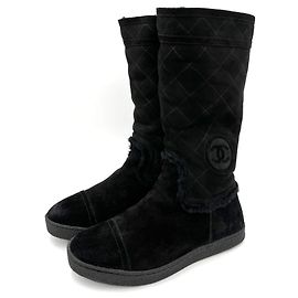 Chanel CC Suede Flat Boots 40 Black Black