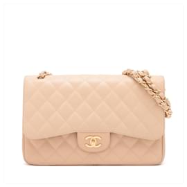 Chanel-Classic Double Flap Jumbo Matelassè Caviar Leather 2-Ways Flap Handbag Beige-Beige