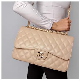 Chanel-Classic Double Flap Jumbo Matelassè Caviar Leather 2-Ways Flap Handbag Beige-Beige