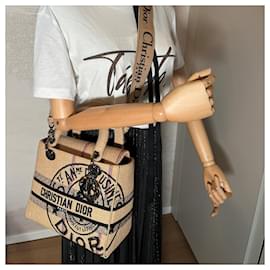Dior-Lady Dior D-Lite Medium Embroidered Jute Dior-Union Beige Bag-Beige