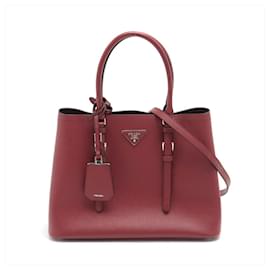 Prada-Double Belted Strap Large Saffiano Leather 2-Way Bordeaux Tote-Dark red