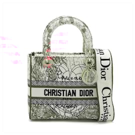 Dior-Lady D-Lite Medium Embroidery Canvas 2-Ways Tote Bag White-White