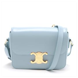 Céline-Triomphe Teen Shiny Calfskin Leather 2-Ways Flap Bag Pale Blue-Blue