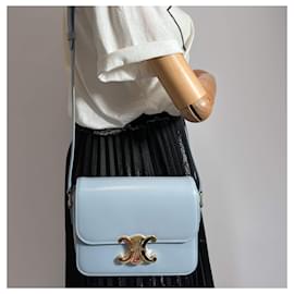 Céline-Triomphe Teen Shiny Calfskin Leather 2-Ways Flap Bag Pale Blue-Blue