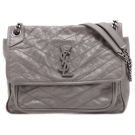 Saint Laurent Bolsa de flap Niki Medium Chevron acolchoada em couro de vitela vintage 2 vias cinza Cinza