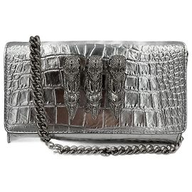 Philipp Plein Flap Clutch Small Calf Leather Leather 2-Ways Croco Print Silver Silvery