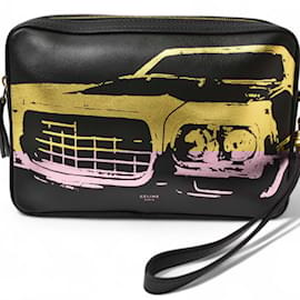 Céline-Celine Black Leather Clutch Pouch with Mustang Print-Black