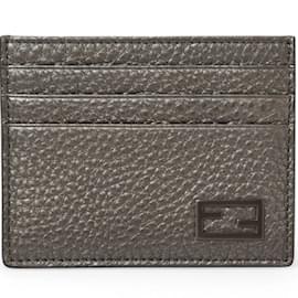 Fendi-Fendi Metallic Gray Leather Card Case-Metallic