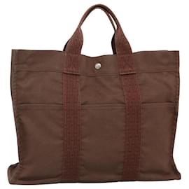 Hermès-HERMES Sac Tote MM Her Line Toile Brun Argent Auth BD1749-Marron,Argenté