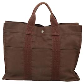 Hermès-HERMES Sac Tote MM Her Line Toile Brun Argent Auth BD1749-Marron,Argenté