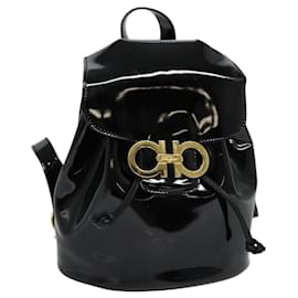Salvatore Ferragamo-Salvatore Ferragamo Gancini Backpack Enamel Black Silver Auth KD548-Black,Silvery